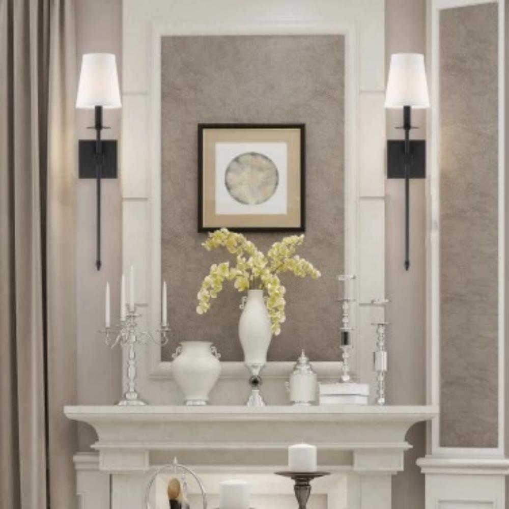 Lifestyle Shot of Monroe Sconce, 1-Light Wall Sconce, Classic Bronze, White Fabric Shade