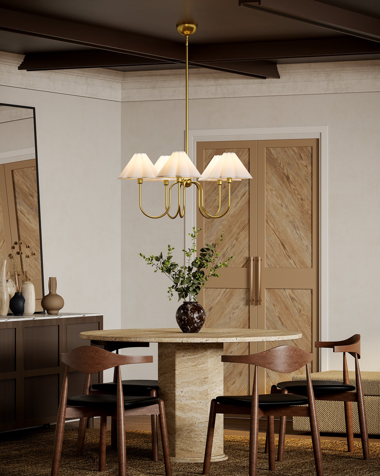 Dining room with a chandelier, table, and chairs.